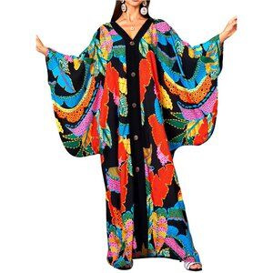 Plus Size V-Neck Batwing Sleeve Kaftan Dress Beach Cover-Up Loungewear